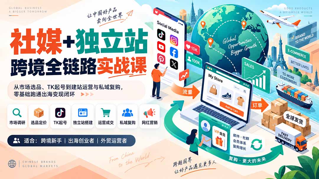 社媒+独立站跨境全链路实战课:从市场选品、TK起号到建站运营与私域复购,零基础跑通出海变现闭环-精品虚拟资源库