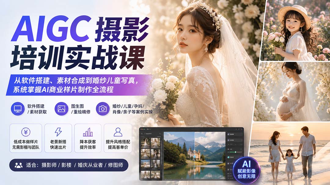 AIGC摄影培训实战课:从软件搭建、素材合成到婚纱儿童写真,系统掌握AI商业样片制作全流程-精品虚拟资源库