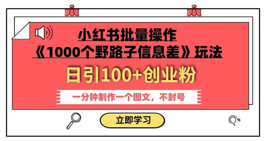 小红书批量操作《1000个野路子信息差》玩法，一分钟制作一个图文，不封号，日引100+创业粉-精品虚拟资源库