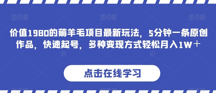 价值1980的薅羊毛项目最新玩法，5分钟一条原创作品，快速起号，多种变现方式轻松月入1W＋【揭秘】-精品虚拟资源库