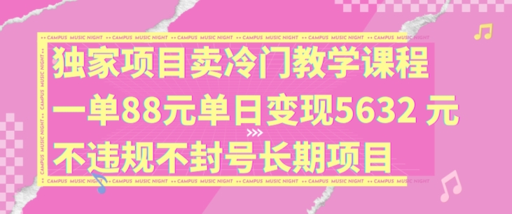 独家项目卖冷门教学课程一单88元单日变现5632元违规不封号长期项目【揭秘】-精品虚拟资源库