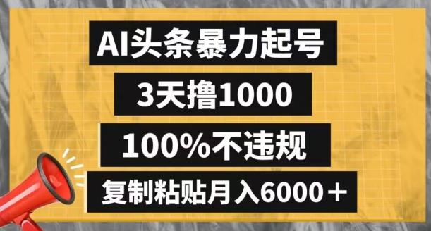 AI头条暴力起号，3天撸1000,100%不违规，复制粘贴月入6000＋【揭秘】-精品虚拟资源库