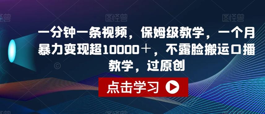 一分钟一条视频，保姆级教学，一个月暴力变现超10000＋，不露脸搬运口播教学，过原创-精品虚拟资源库