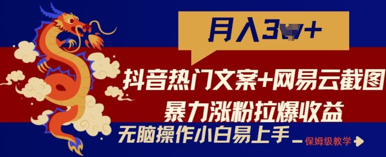 抖音热门文案+网易云截图暴力涨粉拉爆收益玩法，小白无脑操作，简单易上手【揭秘】-精品虚拟资源库
