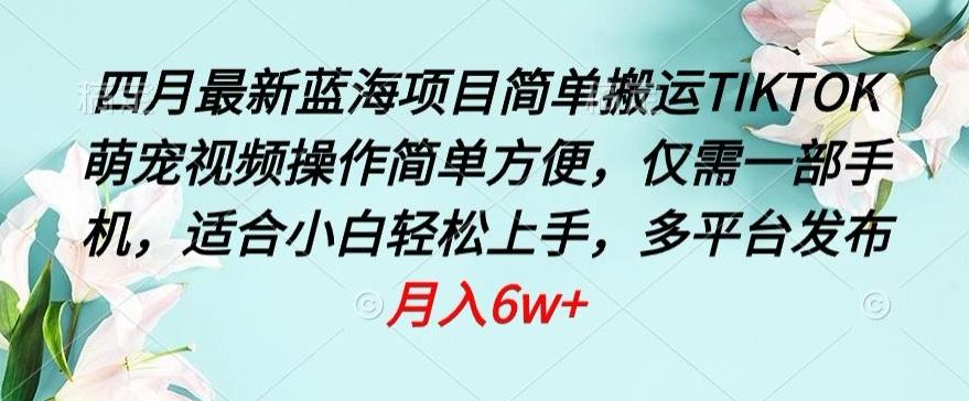 四月最新蓝海项目，简单搬运TIKTOK萌宠视频，操作简单方便，仅需一部手机【揭秘】-精品虚拟资源库